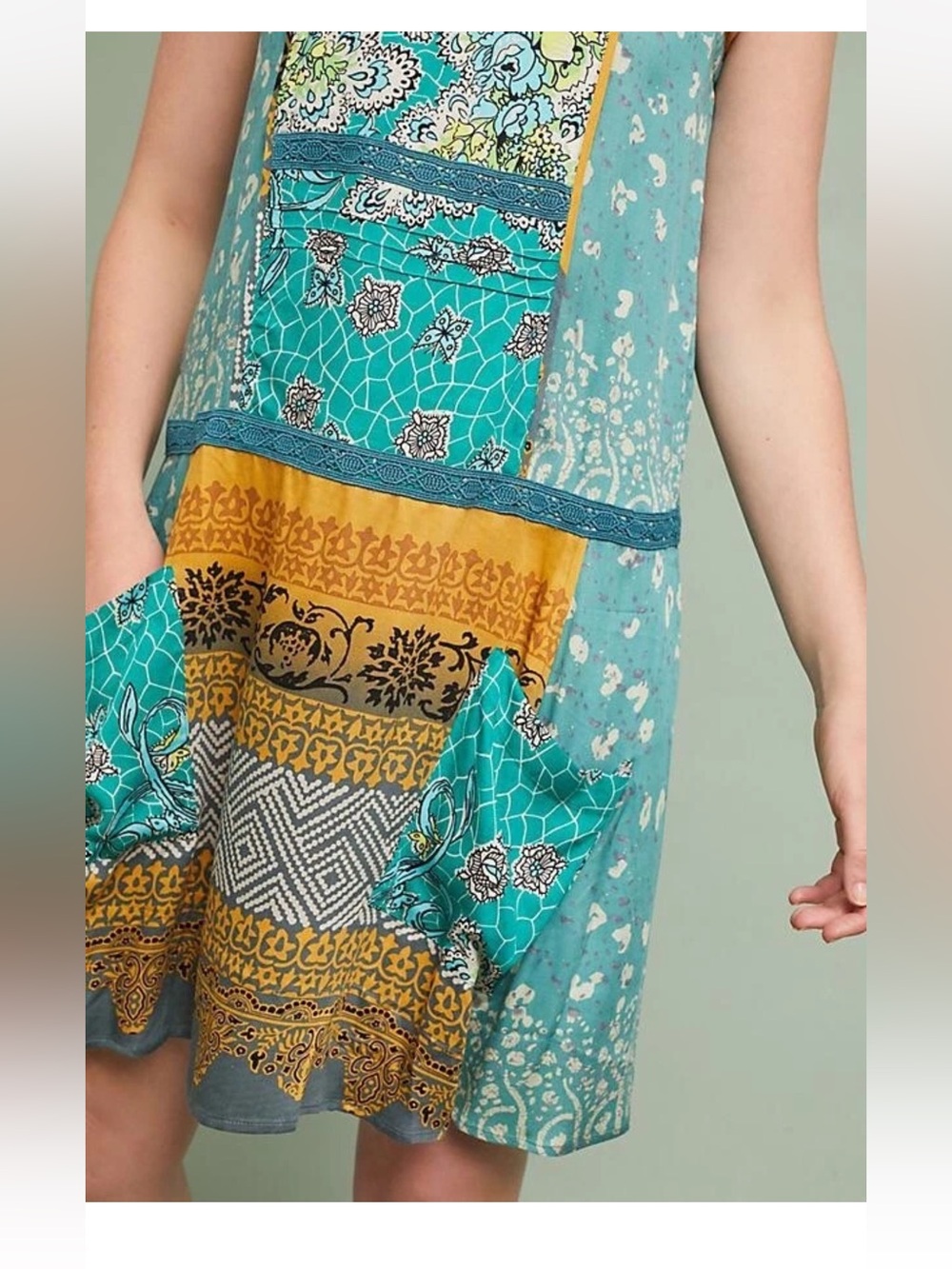 Tiny for Anthropologie Scarf Printed Tunic Dress Crochet Front Pockets Small - Picture 3 of 6